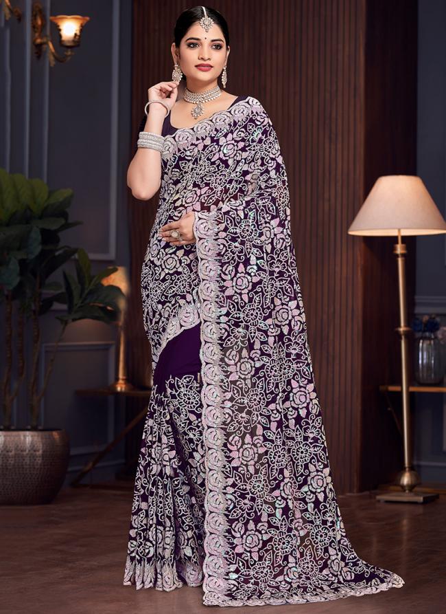 Georgette Purple Wedding Wear Embroidery Work Saree